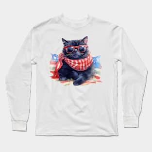 Cool Patriotic Black Cat, 4th of July Design Long Sleeve T-Shirt